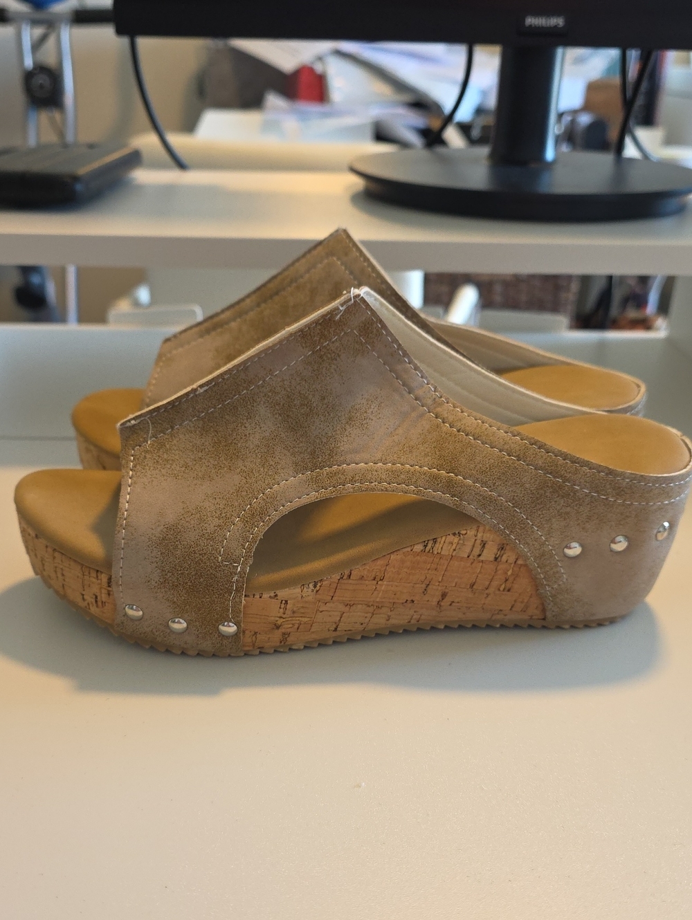 Wedge Slide Sandals in Tan